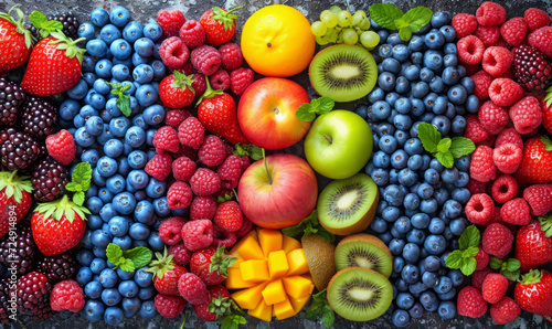 Freshest most nutritious foods around. A diverse selection of ripe and vibrant fruits is meticulously arranged on a table, showcasing their natural colors and textures.