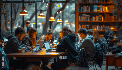 Group of people in a room with laptops. A diverse group of individuals actively working on laptops while sitting at a table.