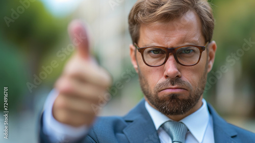Offended man shows thumbs up gesture.