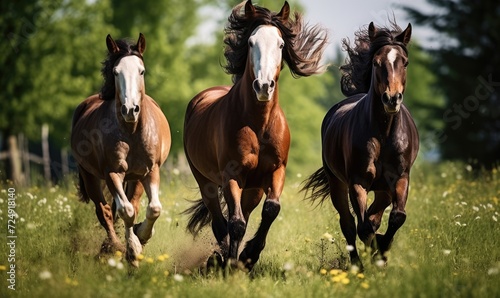 Brown and white horses running in a field