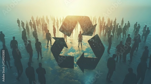 A conceptual image of silhouetted figures gathering around a large recycle symbol, representing community involvement in sustainability efforts.