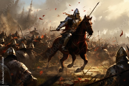 Painting Depicting a Battle With a Gallant Horseman Leading the Charge, The charge of knights in a medieval battle, AI Generated