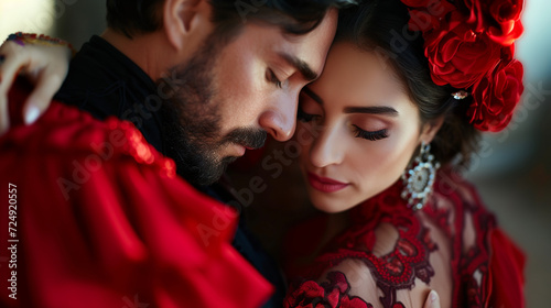 Spanish couple in flamenco traditional costume. 