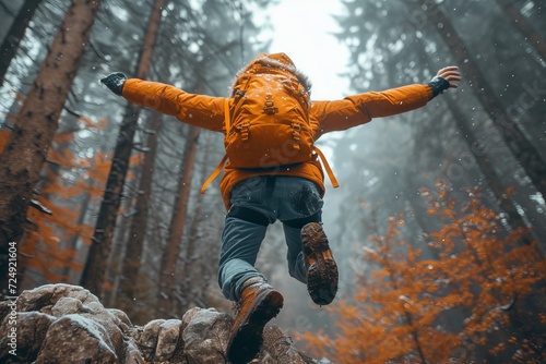 Autumn Adventure: A Childs Joyful Leap Among Enchanted Forest Hues at Dusk