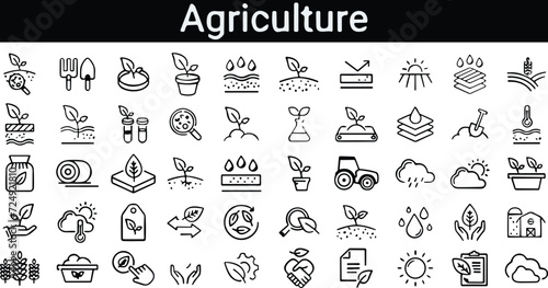Agriculture and Farming icons line set. Nature, biology, water, plant , wheat and leaf