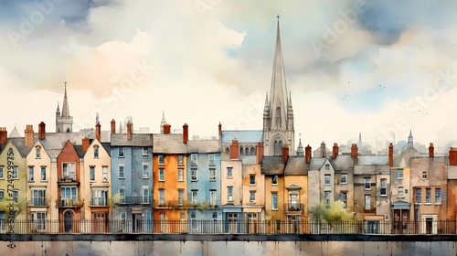 watercolor painting View of buildings with Limerick landmarks. generative ai