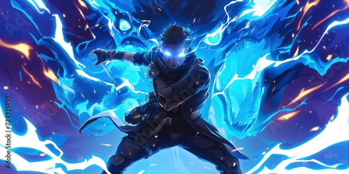 An Anime character charging up an anime special ability, radiating a vibrant blue glow with flames and eyes intensively illuminated in blue.