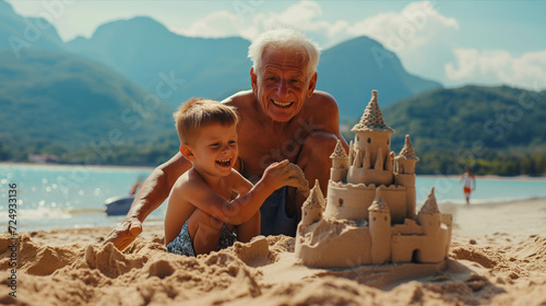 Caucasian grandfather and grandson build sand on the beach.