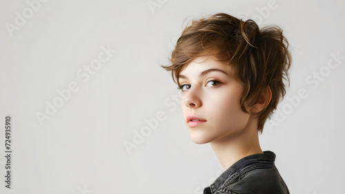 A young woman with the pixie cut hairstyle isolated on the white background with copy space