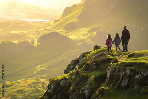Father and two children with backpacks admiring scenic view of spectacular Irish nature. Breathtaking landscape of Ireland. Hiking by foot.