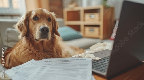 Close-up of a Golden Retriever Dog Holding a Resume, Eagerly Awaiting the Interviewer in the Interview Room - Best Job Candidate