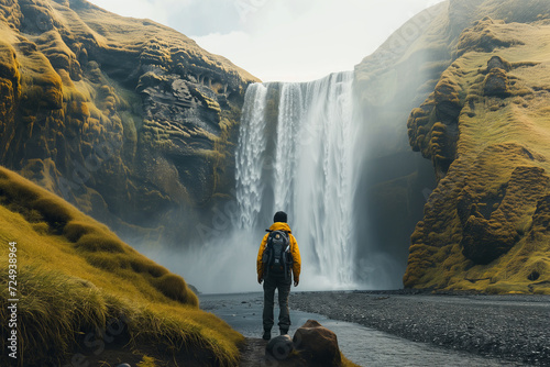 Male hiker with heavy backpack admiring scenic view of majestic waterfall. Breathtaking Icelandic nature. Hiking by foot.