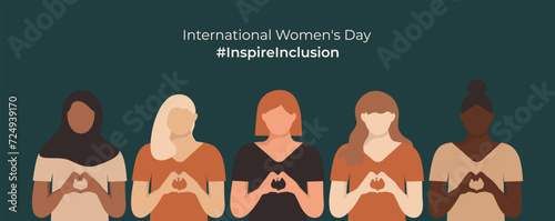 IWD InspireInclusion dark horizontal design with girls shows Heart Shape with their hands. Inspire inclusion social campaign. International Women's Day banner 2024. Varied Women in faceless style