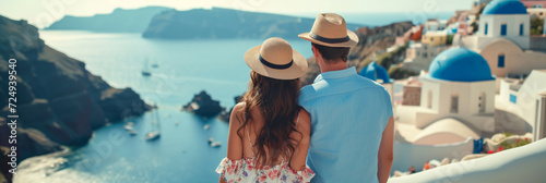 Back view of beautiful young couple admiring scenery while visiting small southern European town on sunny summer day. Banner with young man and woman travelling.