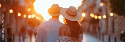 Back view of beautiful young couple admiring scenery while visiting small southern European town on sunny summer day. Banner with young man and woman travelling.
