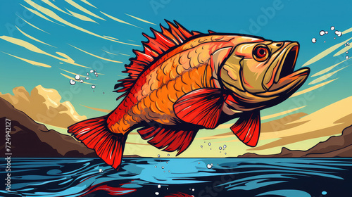 A simple illustration of a wild red snapper jumping out of the water.