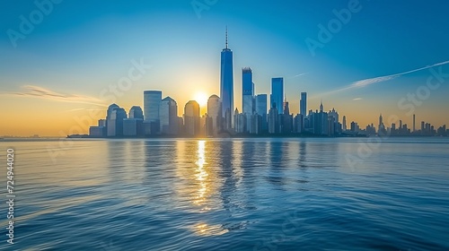 New York City skyline at sunrise with the Hudson River in the foreground