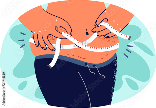Closeup of overweight woman measure waist with tape. Fat female use measuring centimeter make body measurements before diet. Wight loss.