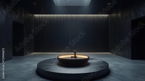Dark room with a round water fountain in the center