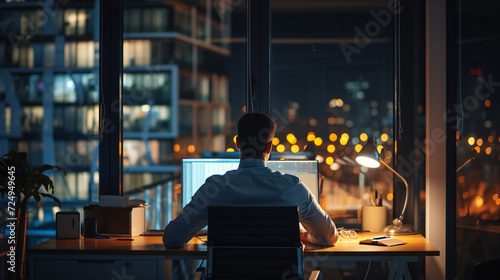 An executive working late in a well-lit spacious office symbolizing dedication.