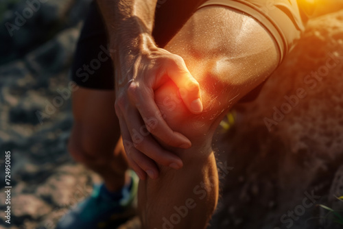 Close-up of an athlete's knee crouching on a rock during a triathlon competition, knee highlighted in red, meniscus injury, life insurance and injury prevention concept