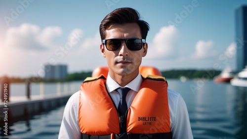 man wearing a life jacket ai generated