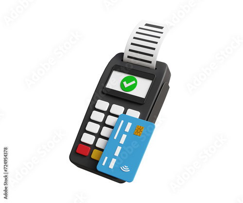 Paying for purchases with a credit card. Online payment terminal concept. Pos terminal icon. Contactless payment transaction. 3D pos terminal with bank card and receipt. 3d illustration