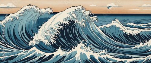 Hokusai style rough sea ocean waves background. Katsushika Hokusai style Japanese woodcut print ocean waves, wide format. Generative AI.