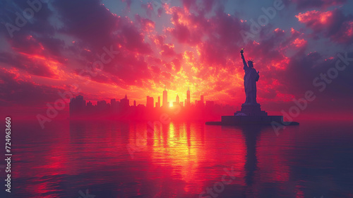 Iconic Lady: Statue of Liberty Silhouetted Against the Manhattan Sunset