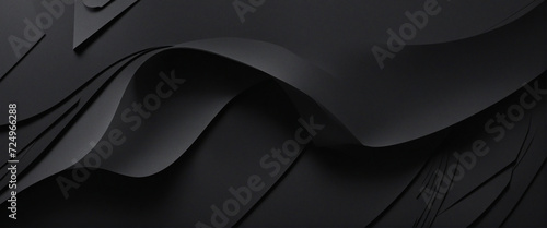 Abstract Black Monochrome Geometric Banner Background with Curved Lines and Shadows.