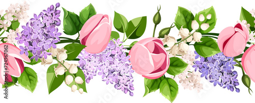 Horizontal seamless border with pink tulip flowers, purple lilac flowers, lily of the valley flowers, and green leaves. Vector floral garland
