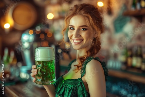 Beautiful girl holding a glass of green beer - a symbol of St. Patrick's Day celebration