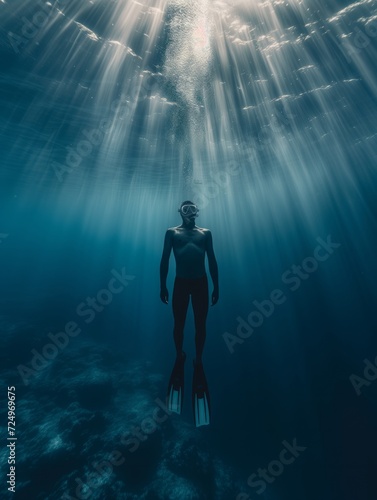Free diver underwater in transparent blue ocean