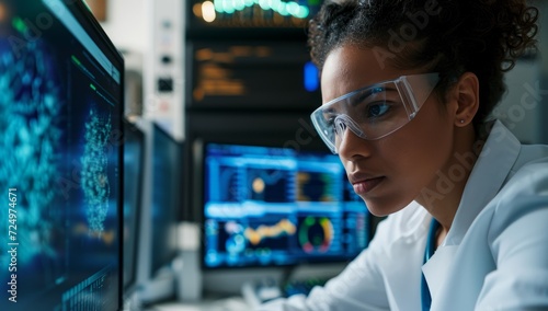 Young african american female scientist working on computer in laboratory. Science and technology concept.
