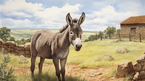 A donkey on a farm, illustrated in a child-friendly way. --ar 16:9 --v 5.2 Job ID: a2f87d92-420e-41c0-999c-3bae2e096354