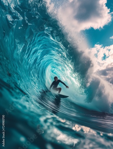 Surfer ride on barrel ocean wave. Pro surfing on large waves