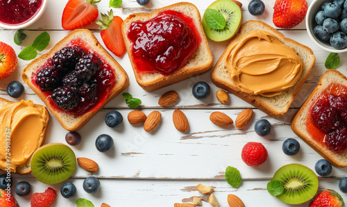 Set with toast bread and various sweet toppings on a dark background.Top view. Delicious toast bread with banana, strawberries, blueberries, blackberries, kiwi and jam. Healthy tomorrow. Flatley