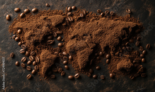 World map made of coffee beans on a texture table. Coffee bean extraction concept. Coffee plantation.