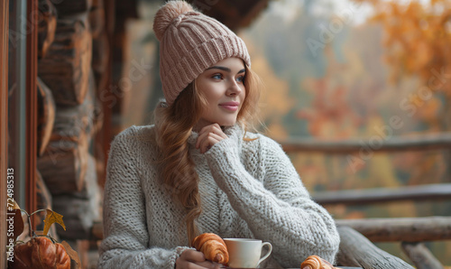 A woman in a warm autumn sweater and hat on the terrace of a house against the background of mountains drinks hot aromatic coffee. Warming drink. Young woman enjoying a cup of coffee. space for text.