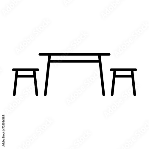 Table and chairs icon. Black contour linear silhouette. Editable strokes. Front side view. Vector simple flat graphic illustration. Isolated object on a white background. Isolate.