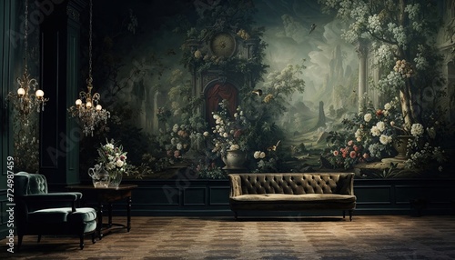 Room with furniture in it and a mural on the wall, in the style of dark and moody landscapes, baroque grandiosity, tranquil gardenscapes, landscape-focused, flower and nature motifs