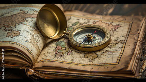 An ancient atlas open to a page showing countries and continents, accompanied by a classic compass, symbolizing the era of discovery and the adventurous spirit of globetrotters