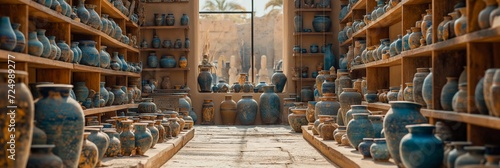 Egyptian shop dishes jugs, bowls. Ceramic antique amphoras with patterns set. Ancient Egypt pottery with ornament. Сollection of Ancient Egypt vases.