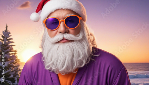Festive Santa Portrait with Sunglasses and Vibrant Sunset Colors