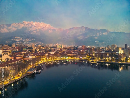 Sunset Over Lecco: An Aerial Perspective. Mount Resegone in the background