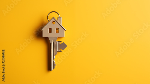 Key in a house shape in the keyhole of the door. Buy a new house concept. Real estate market. Text space and soft yellow background.