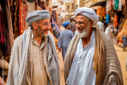 Two cheerful Arab men in traditional attire engaging in a friendly conversation at a bustling market street.