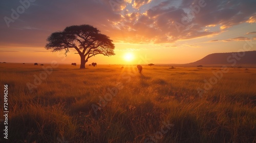 African Savannah at Sunset with Elephants