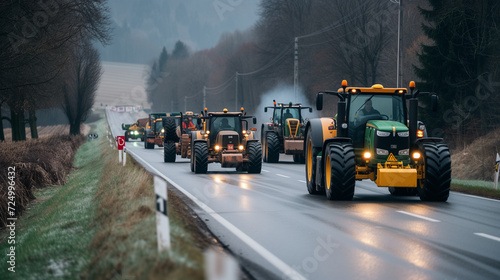 Farmers protesting on public road. Farmers strike blocking road with tractors.