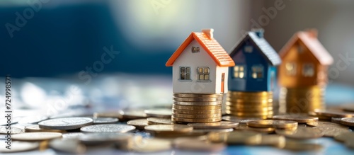 The house stands on coins and money. Bid. Saving money to buy new house. High rent price or home insurance, copy space